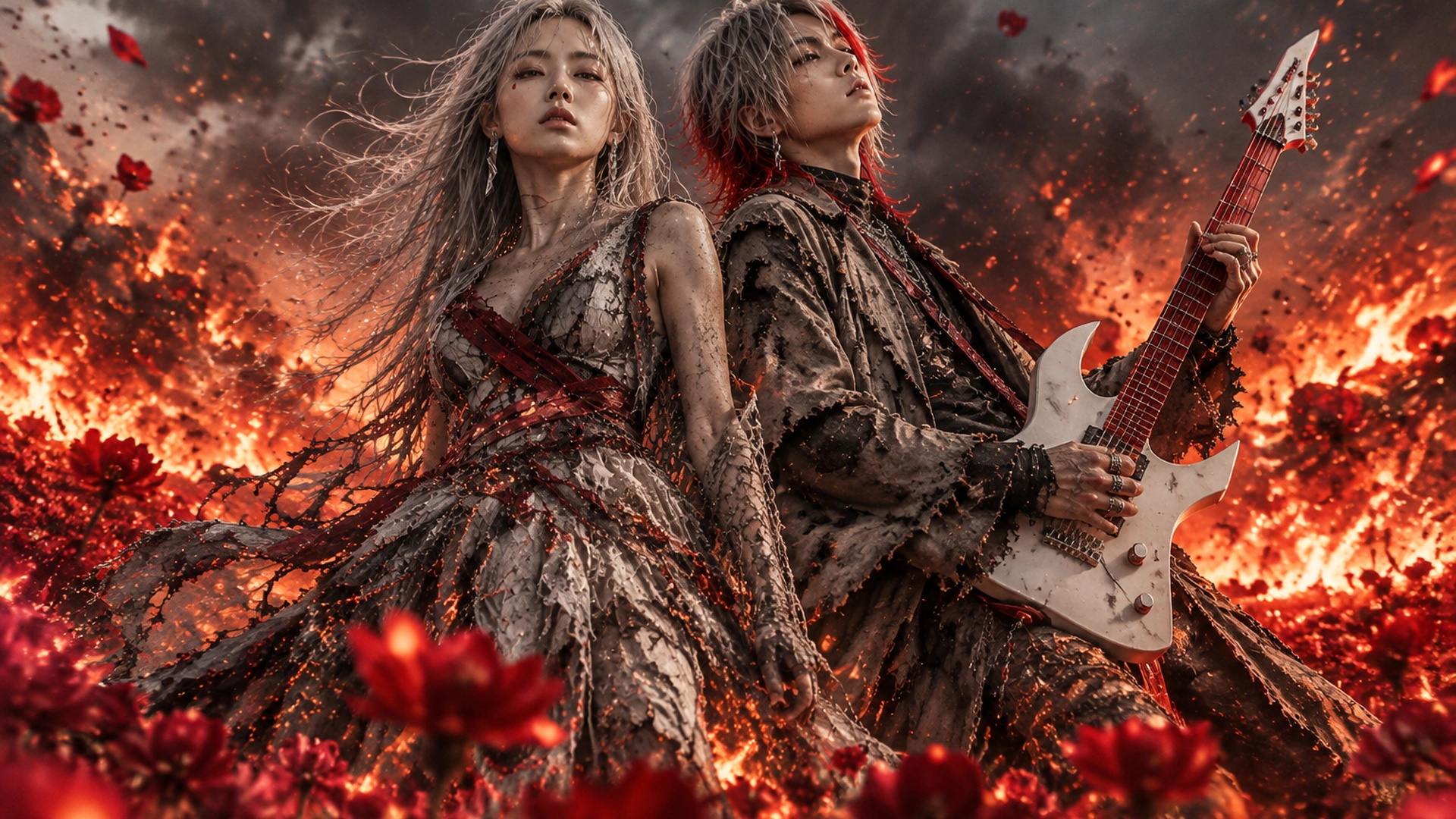 燃える花を背に立つhaineとギターのLui