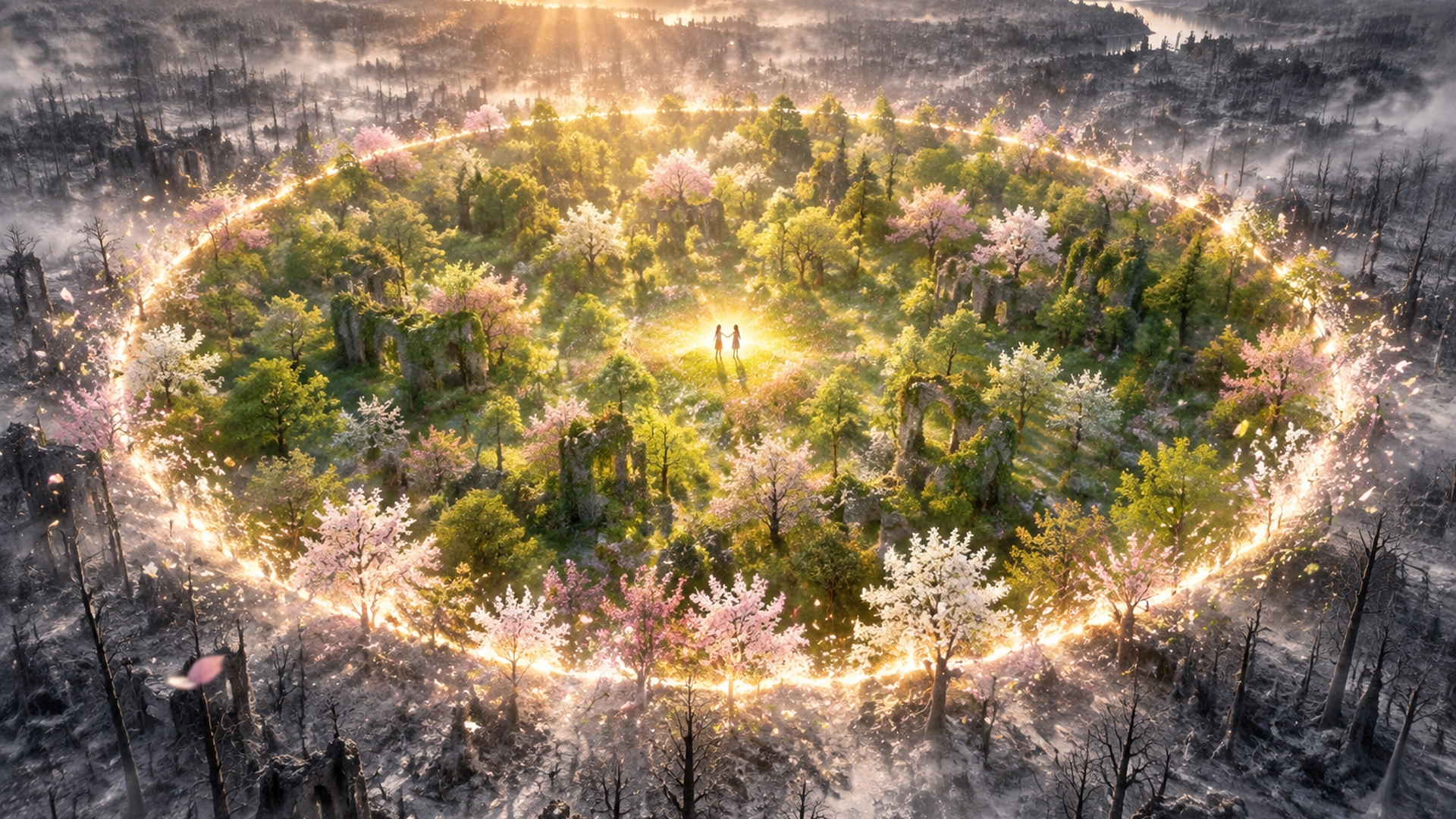 上空から見た灰色の森。触れた一点から色の輪が広がる