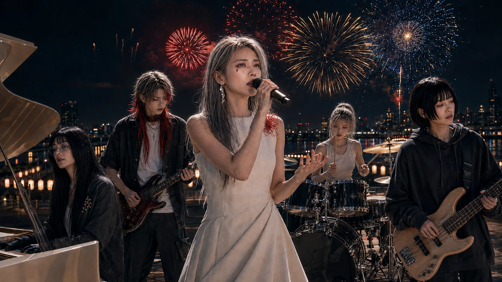 夏の終わりの花火を背に華火を演奏する五人