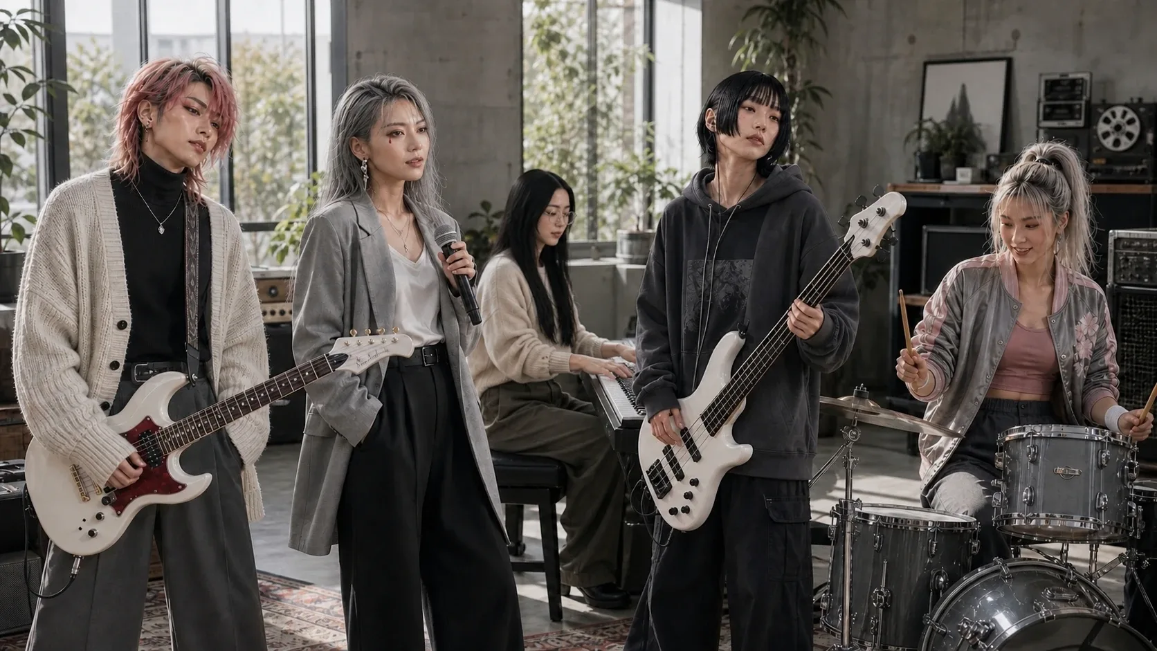 緑の見えるリハーサルスタジオで演奏する灰華の5人