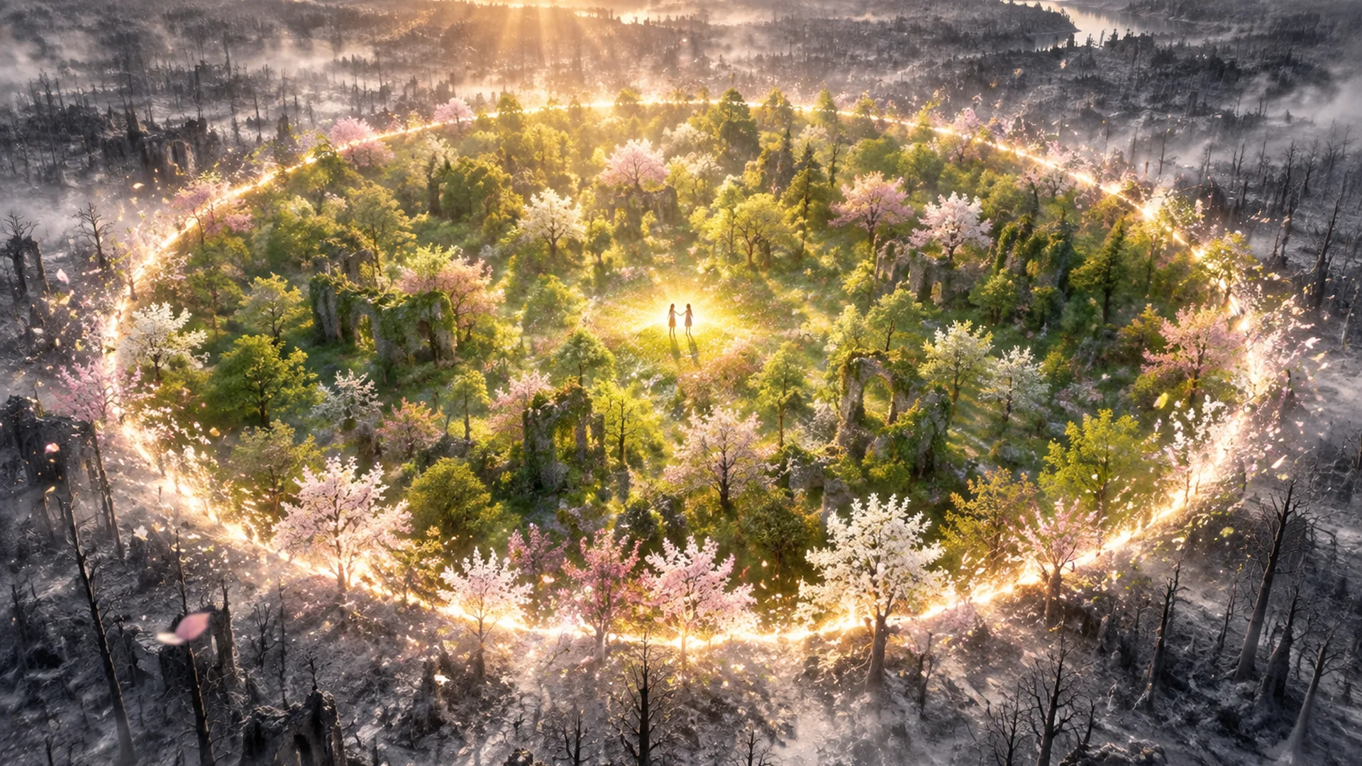 上空から見た灰色の森。触れた一点から色の輪が広がる