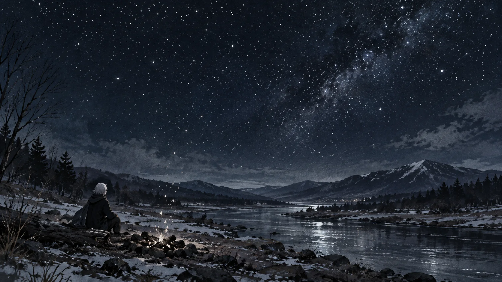 火の粉が星へとつながる夜の河川敷